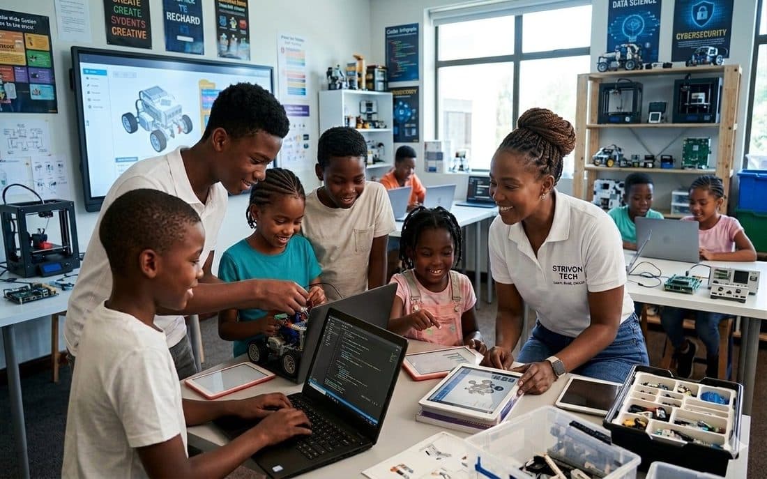 Nigerian children and a teacher learning to code and build robots together